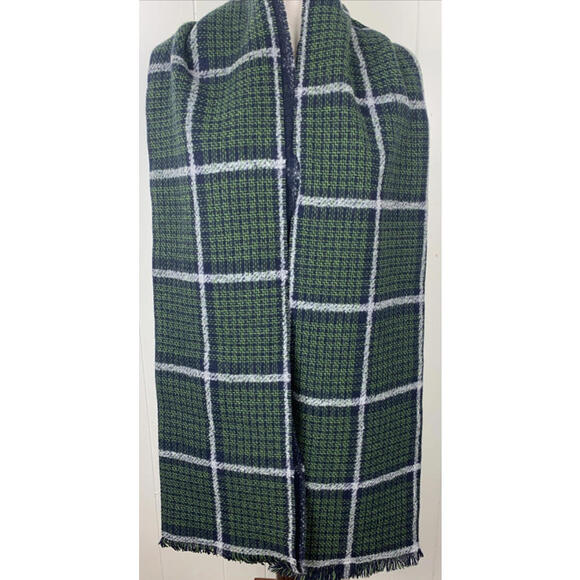 Mr. P Mens Green Navy Plaid Woven Wool Blend Fringed Scarf Classic Italy - Picture 4 of 4